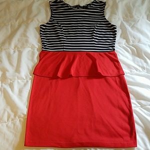 Black, white, & red peplum mini dress